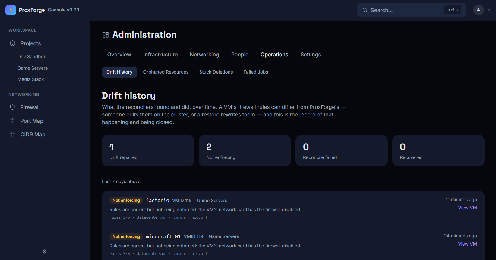 The drift history page, listing VMs whose firewall rules are correct but not being enforced