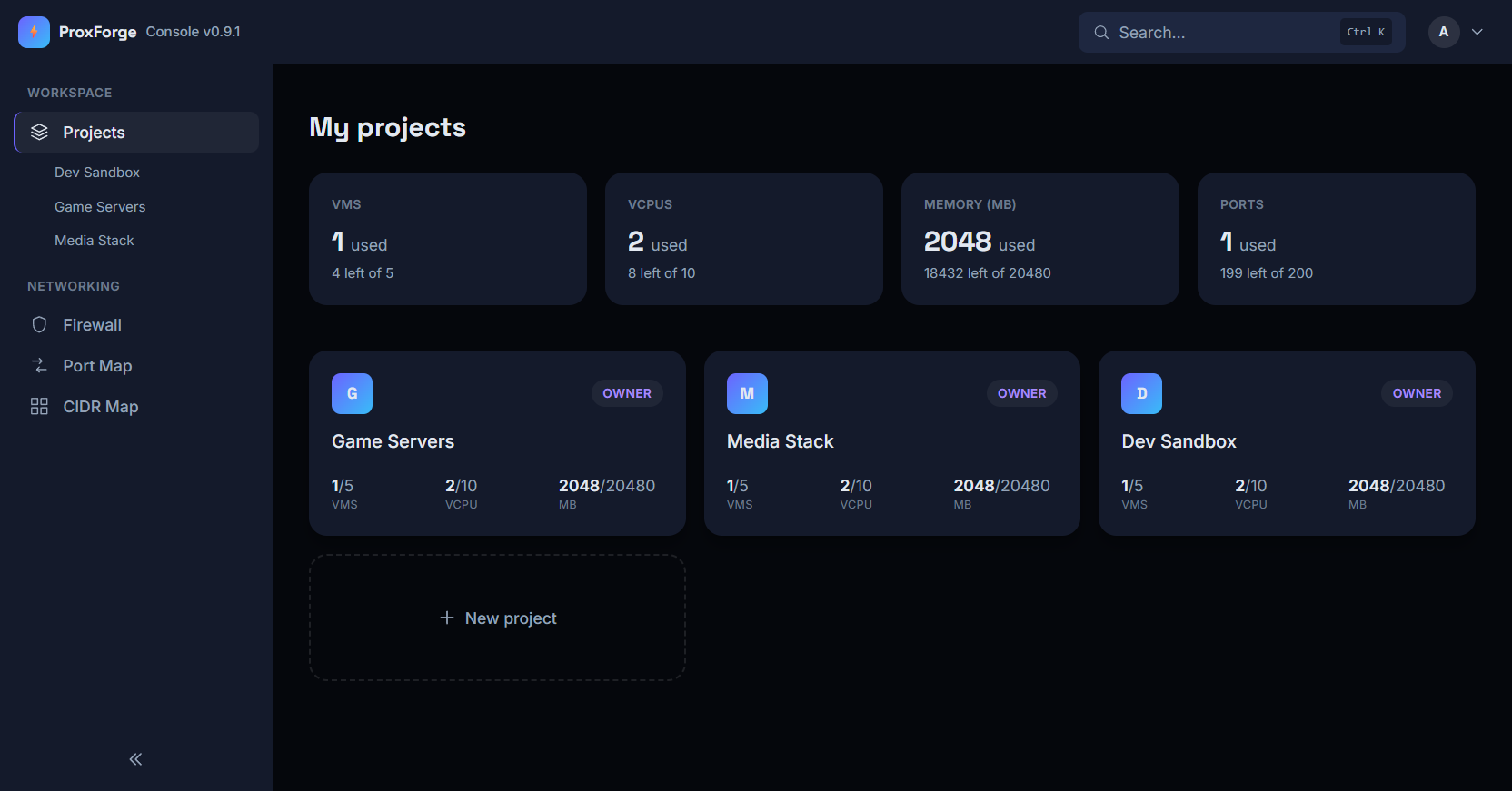 The ProxForge dashboard, showing three projects and the quota each is using