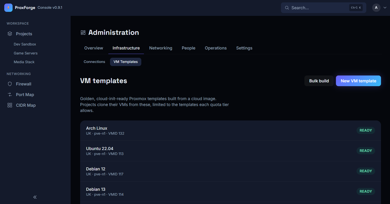 The VM templates page, listing templates built from cloud images