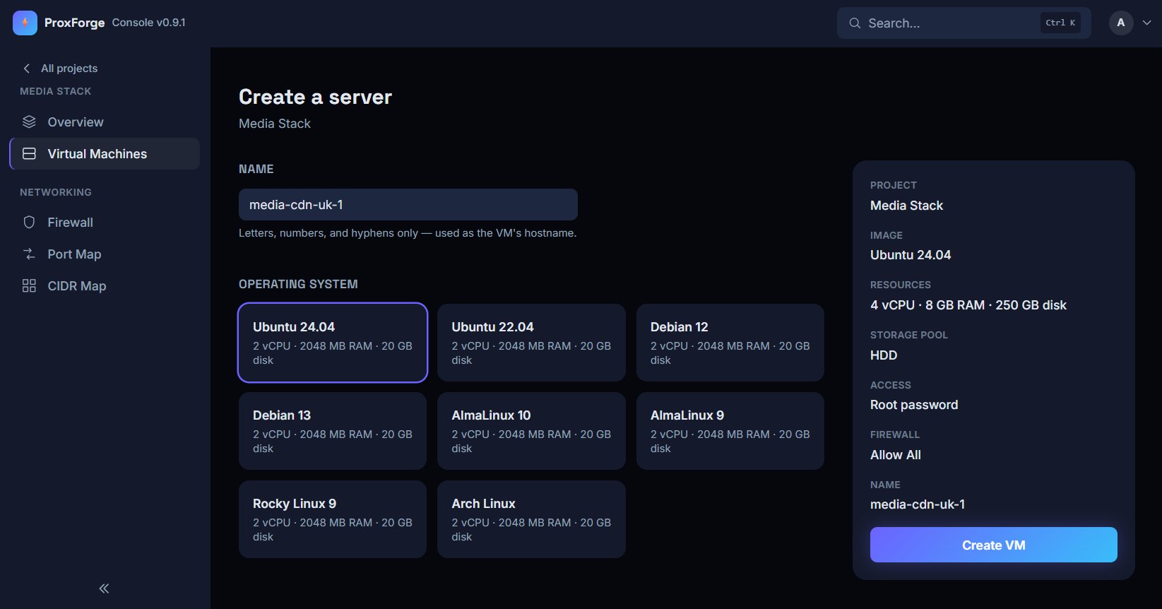 The Create a server page, with eight operating system images to choose from