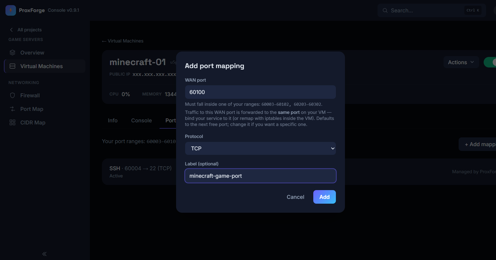 Adding a port mapping to a VM: a WAN port, a protocol, and a label, with the user's allowed port ranges shown